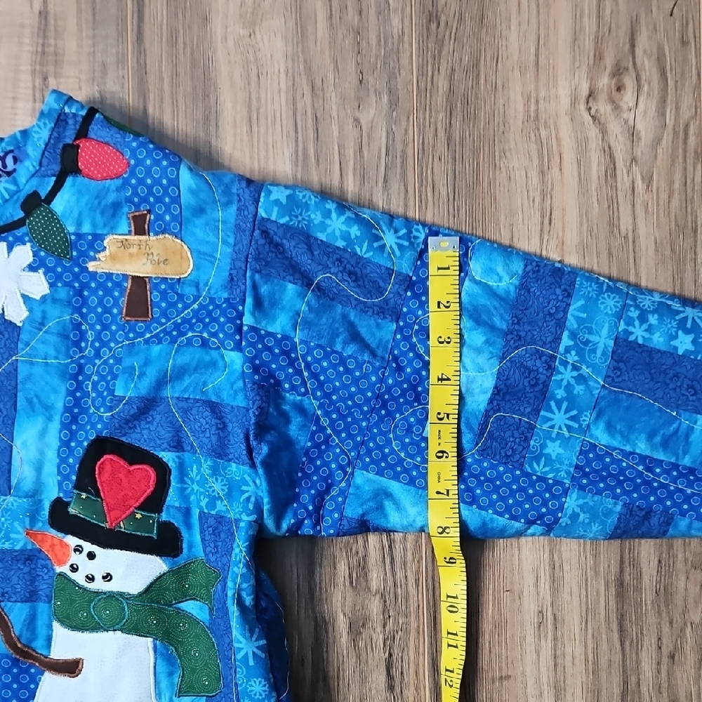 Hand Crafted Blue Women’s Patchwork Quilted Jacket with Snowman Design M/L - Picture 10 of 11